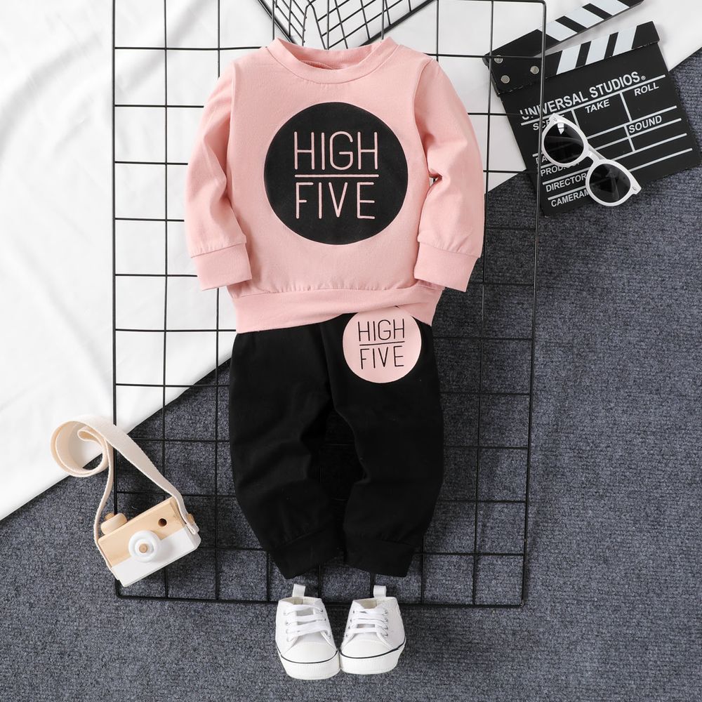 2pcs Baby Boy/Girl 95% Cotton Long-sleeve Letter Print Sweatshirt and Pants Set Light Pink big image 1