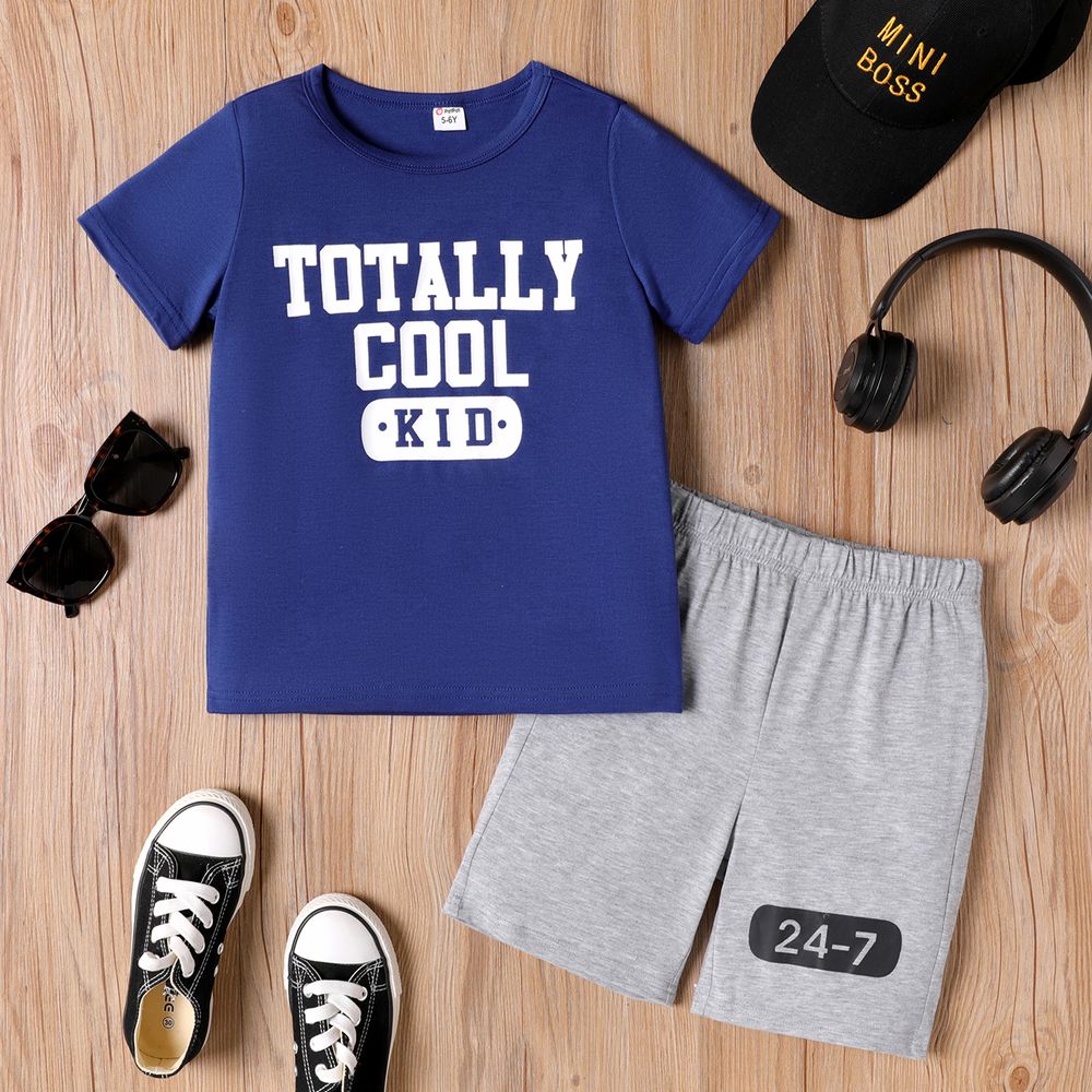 2Pcs Kid Boy Letter Print Blue Short-sleeve Tee and Grey Shorts Set Dark Blue big image 1