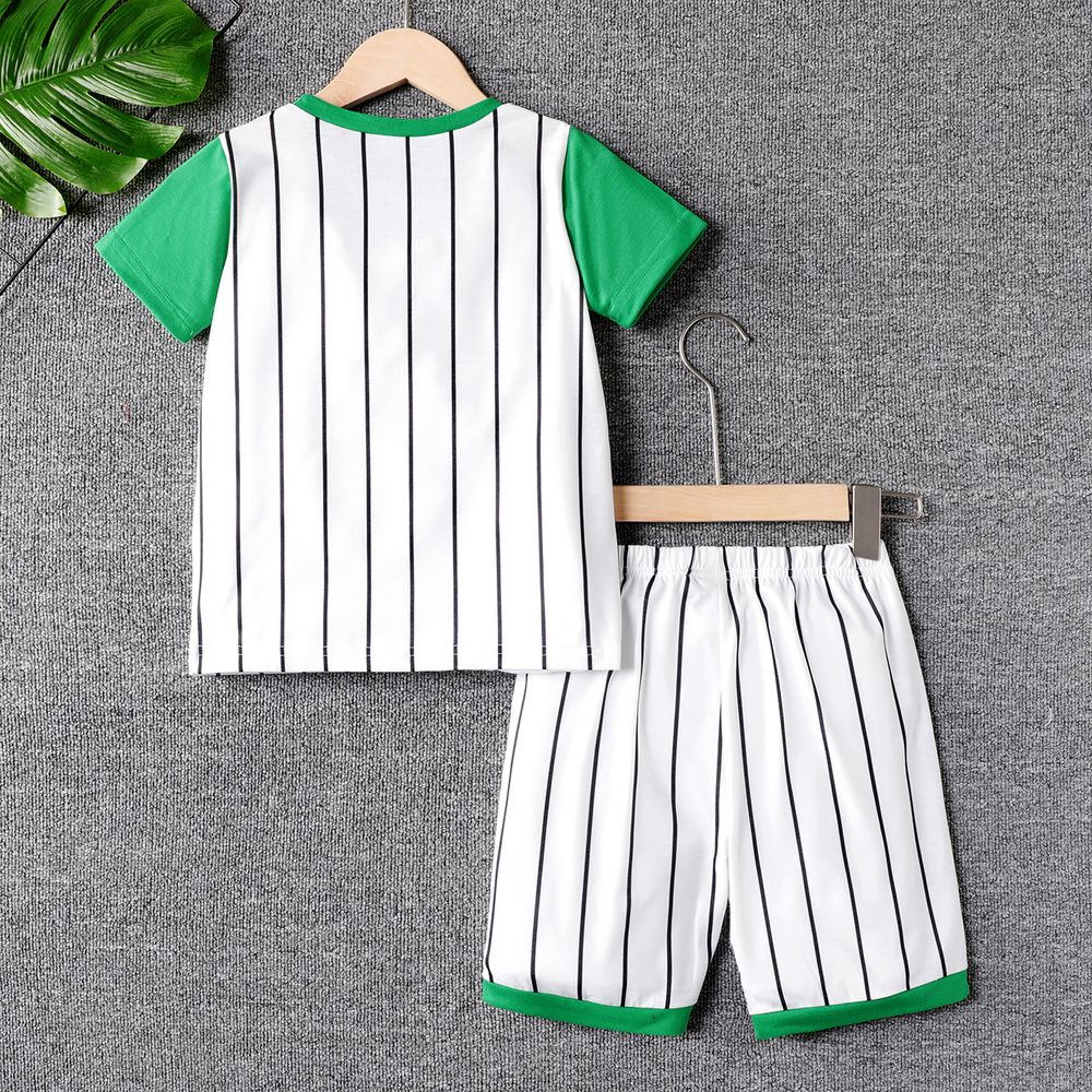 2pcs Kid Boy Sporty Style Letter Print Stripe Short-sleeve Football Tee and Elasticized Shorts Set Green big image 2