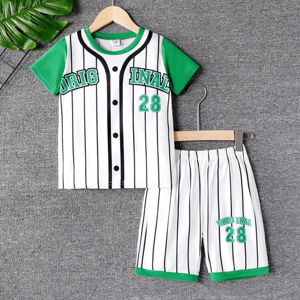 2pcs Kid Boy Sporty Style Letter Print Stripe Short-sleeve Football Tee and Elasticized Shorts Set Green big image 1