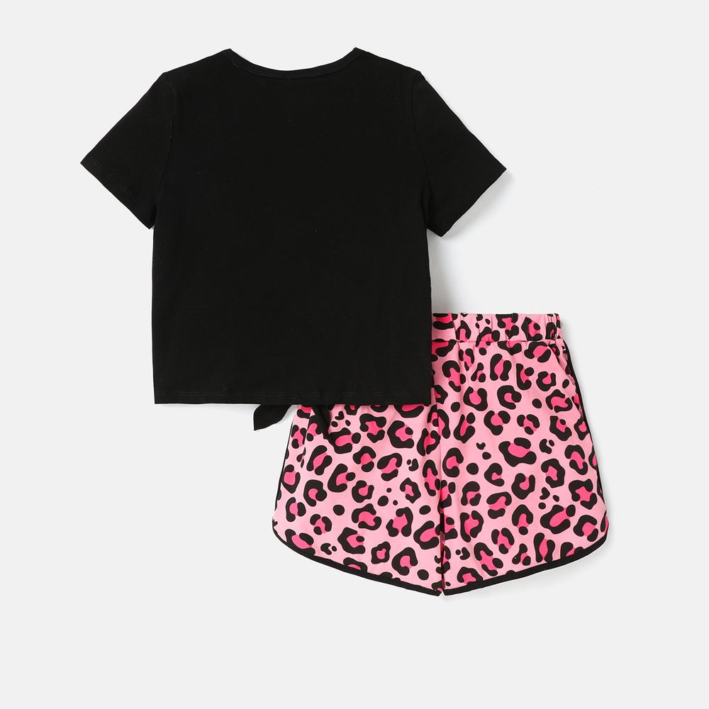 Barbie Kid Girl 2pcs Tie Knot Short-sleeve Cotton Tee and Leopard Print Shorts Set Black big image 5