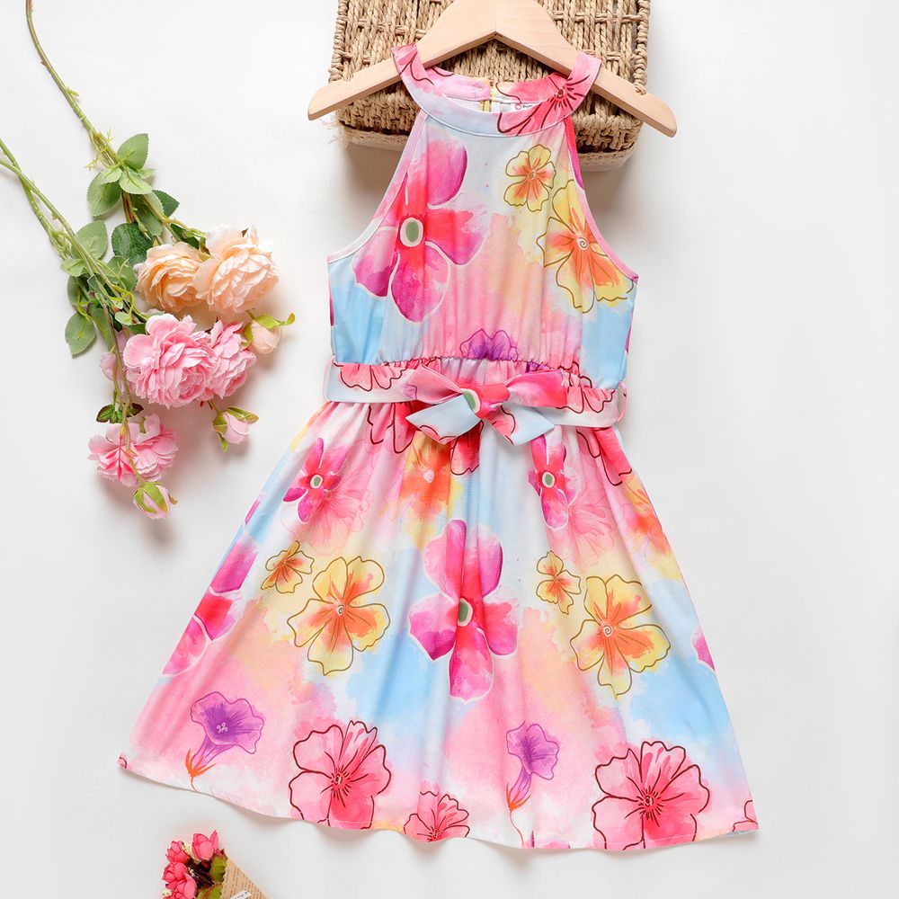 2pcs Kid Girl Floral Print Sleeveless Dress & Belt Colorful big image 1