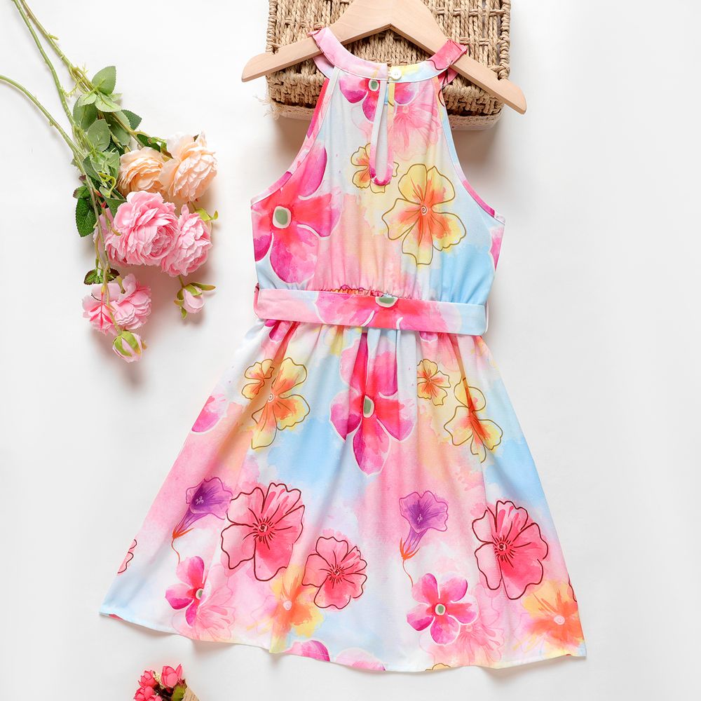2pcs Kid Girl Floral Print Sleeveless Dress & Belt Colorful big image 3