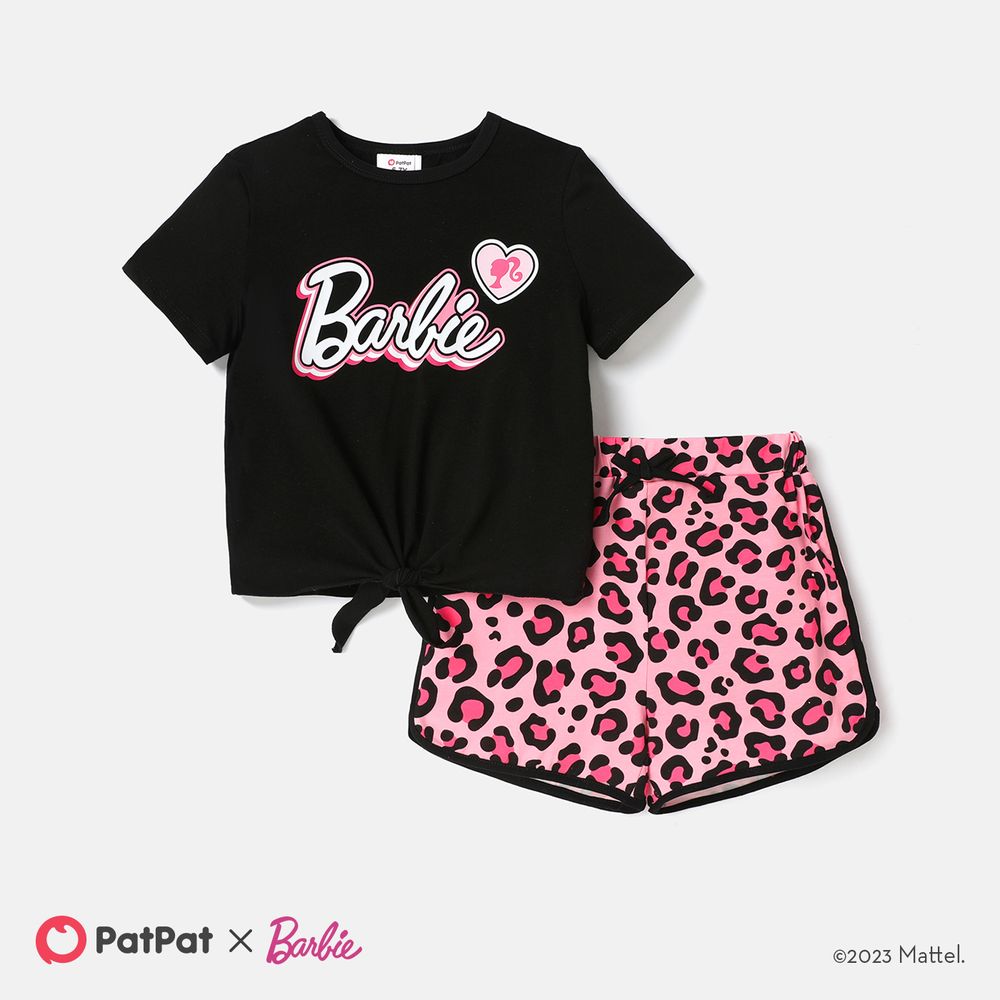 Barbie Kid Girl 2pcs Tie Knot Short-sleeve Cotton Tee and Leopard Print Shorts Set Black big image 1