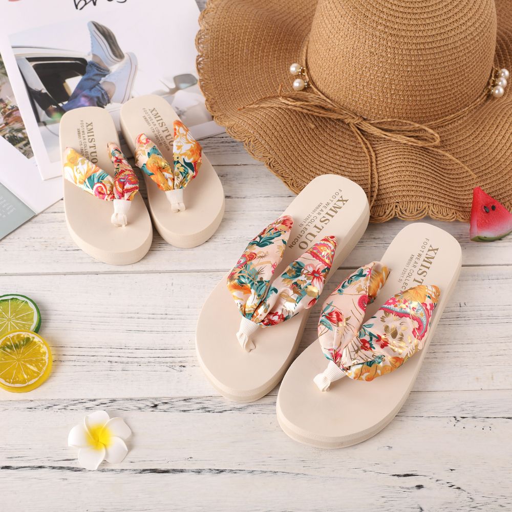 Family Matching Floral Pattern Flip-Flops Vacation Beach Slippers Beige big image 4