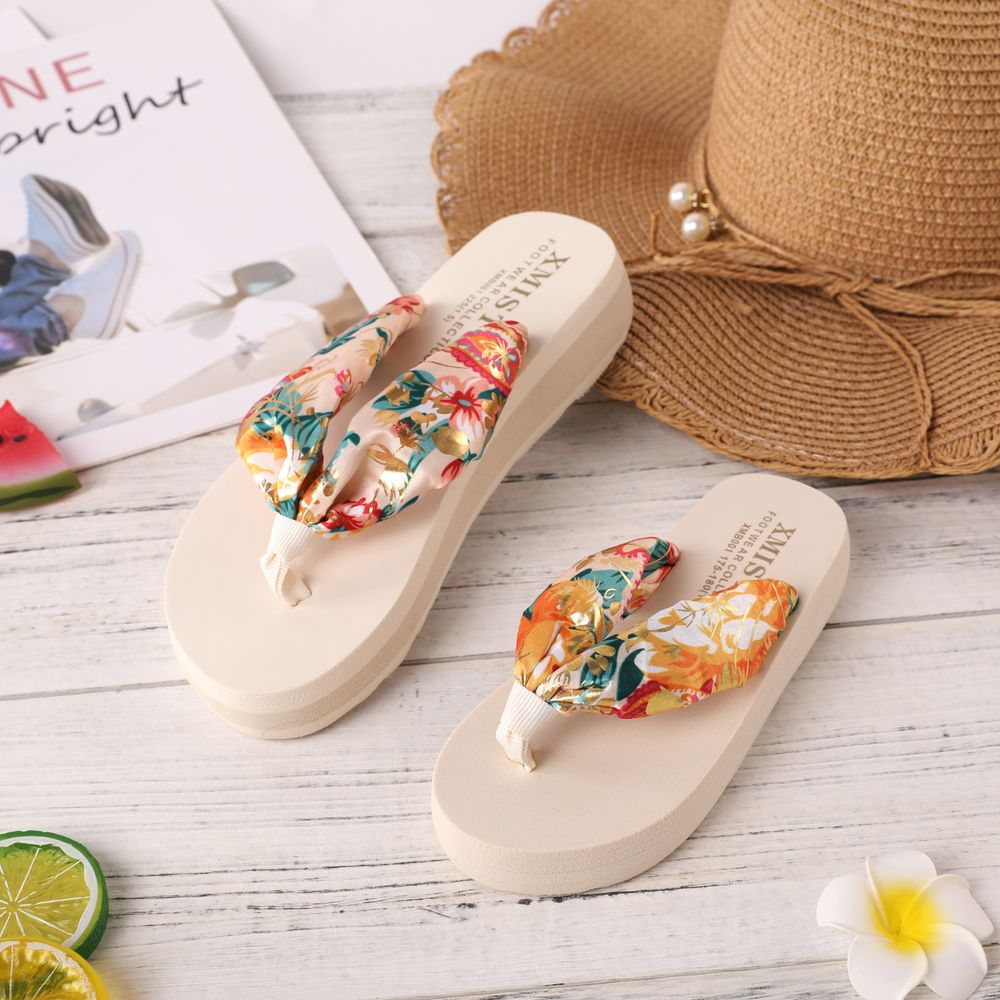 Family Matching Floral Pattern Flip-Flops Vacation Beach Slippers Beige big image 6
