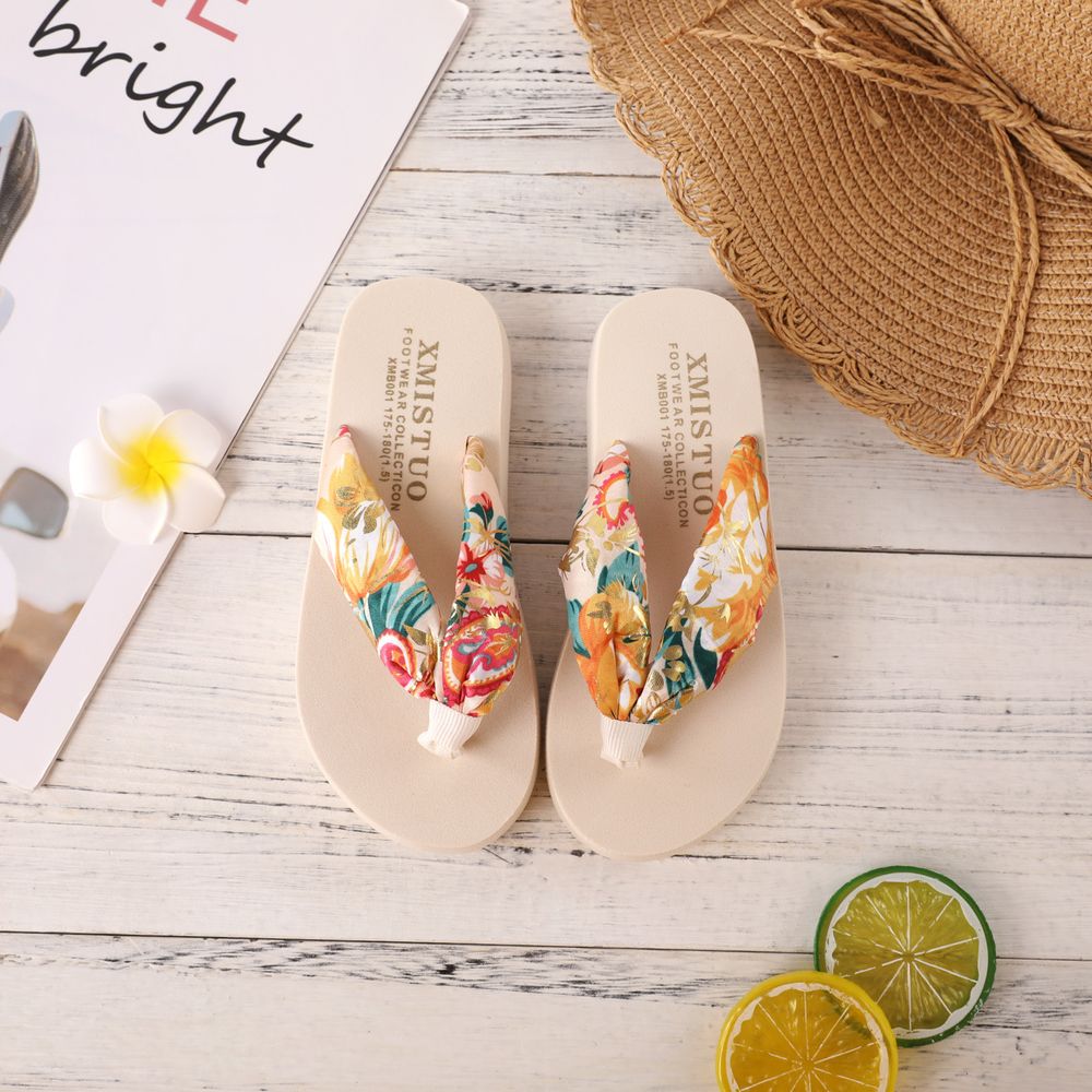 Family Matching Floral Pattern Flip-Flops Vacation Beach Slippers Beige big image 7