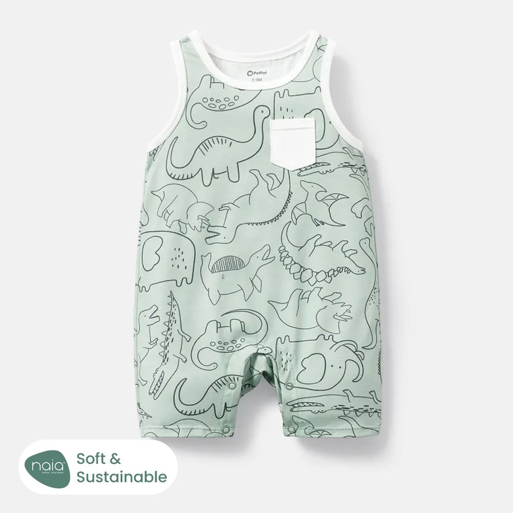 Baby Girl/Boy Dinosaur Print/Stripe Sleeveless Jumpsuits Light Green big image 1