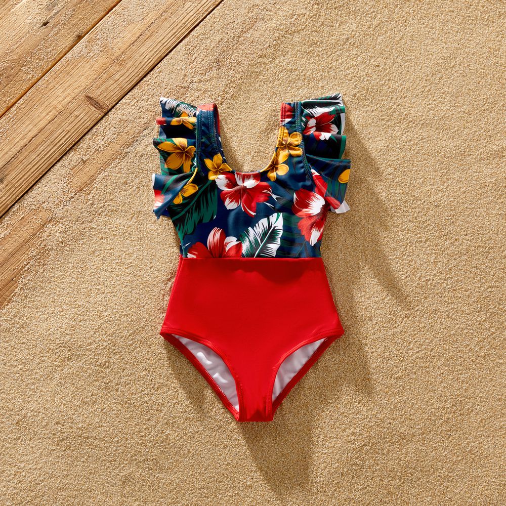 Family Matching Floral Print & Solid Spliced Ruffle Trim One-piece Swimsuit and Swim Trunks Red big image 12