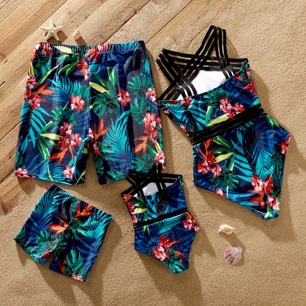 Family Matching Allover Plant Print Crisscross Webbing One-piece Swimsuit or Swim Trunks Shorts Deep Blue big image 2