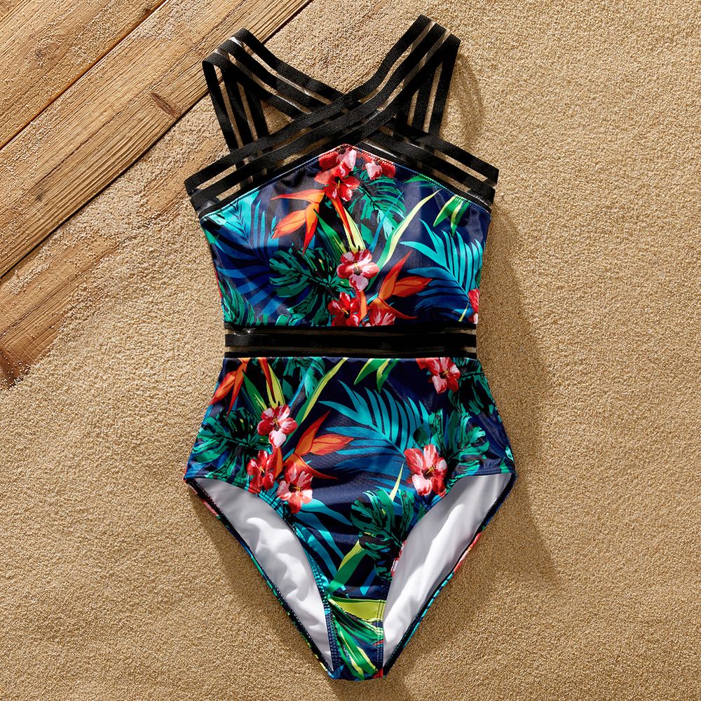 Family Matching Allover Plant Print Crisscross Webbing One-piece Swimsuit or Swim Trunks Shorts Deep Blue big image 9