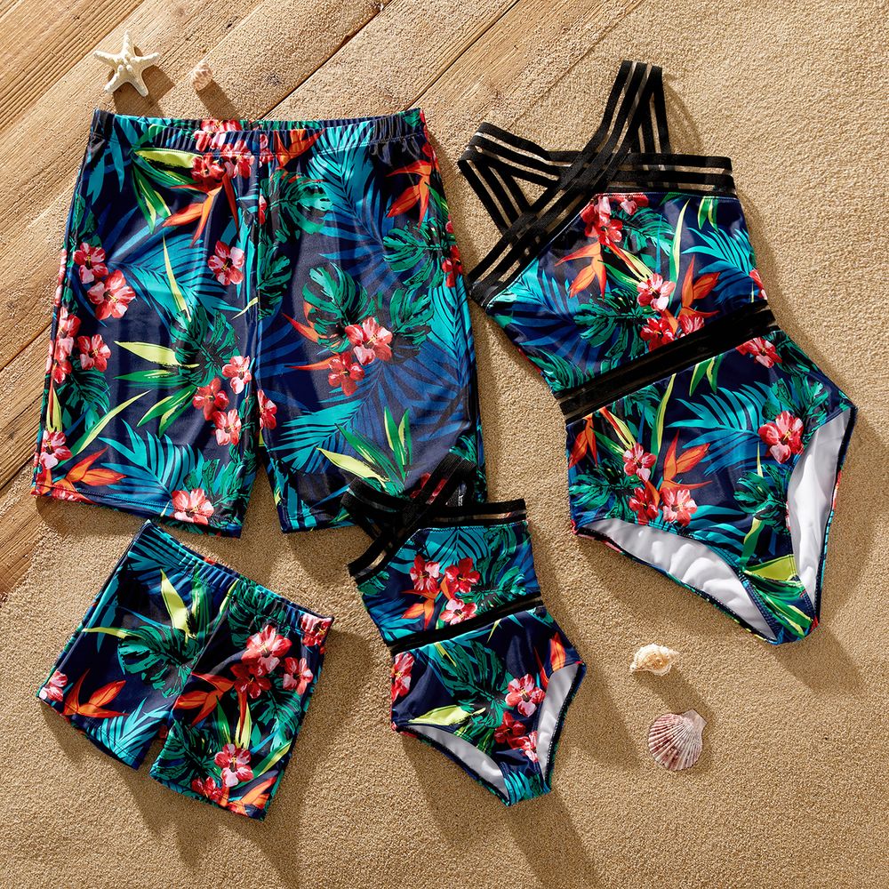 Family Matching Allover Plant Print Crisscross Webbing One-piece Swimsuit or Swim Trunks Shorts Deep Blue big image 1