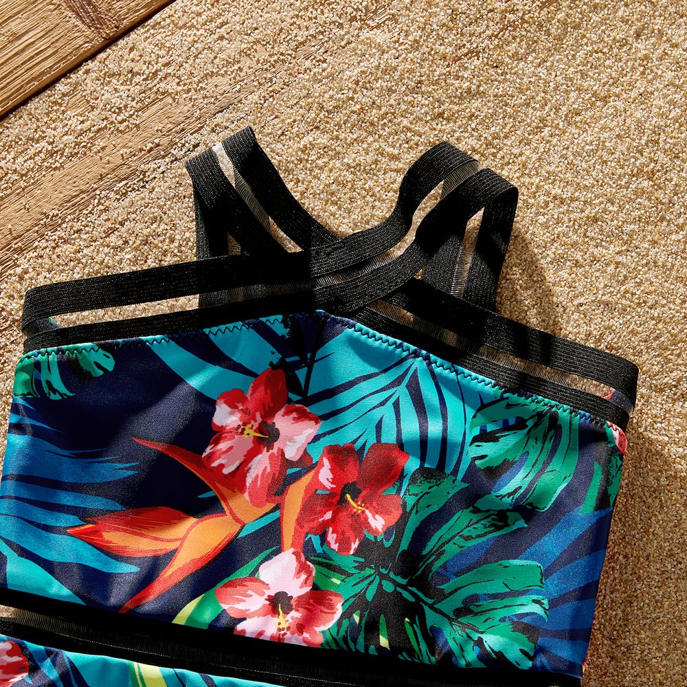 Family Matching Allover Plant Print Crisscross Webbing One-piece Swimsuit or Swim Trunks Shorts Deep Blue big image 6