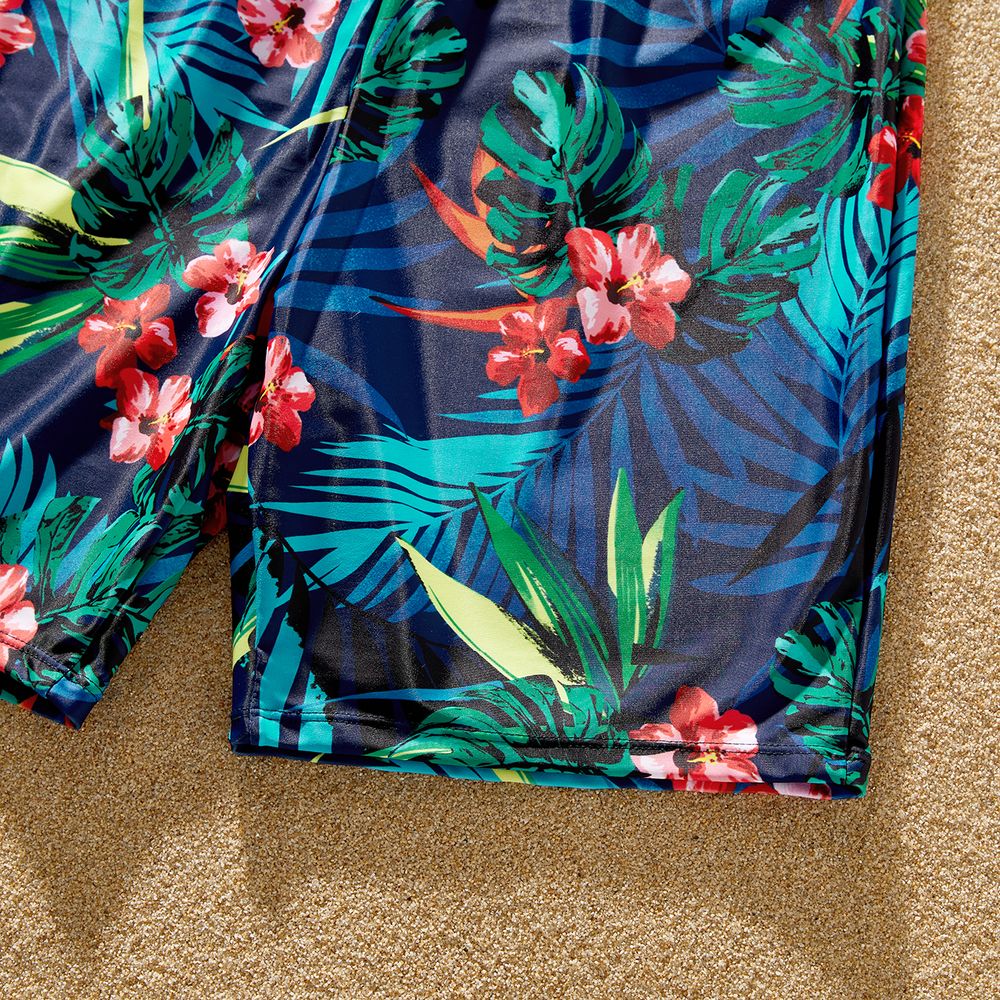 Family Matching Allover Plant Print Crisscross Webbing One-piece Swimsuit or Swim Trunks Shorts Deep Blue big image 13