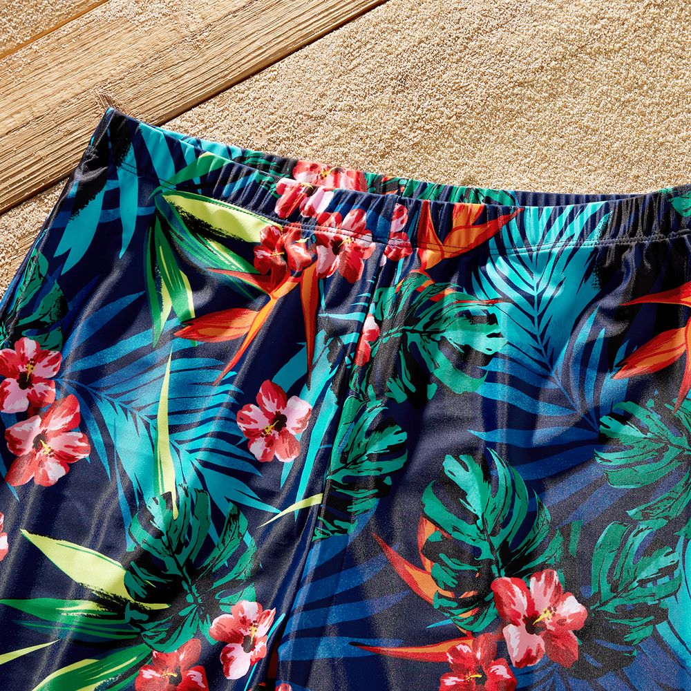 Family Matching Allover Plant Print Crisscross Webbing One-piece Swimsuit or Swim Trunks Shorts Deep Blue big image 3