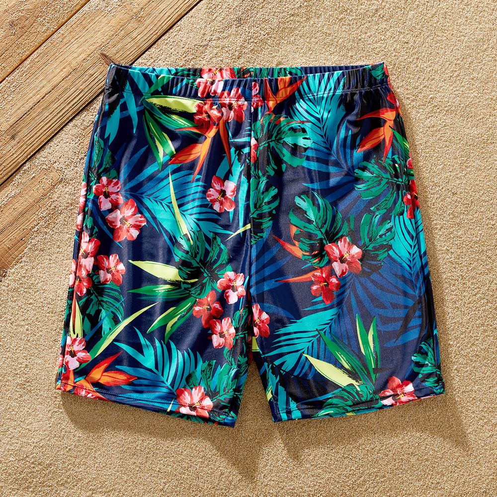 Family Matching Allover Plant Print Crisscross Webbing One-piece Swimsuit or Swim Trunks Shorts Deep Blue big image 12