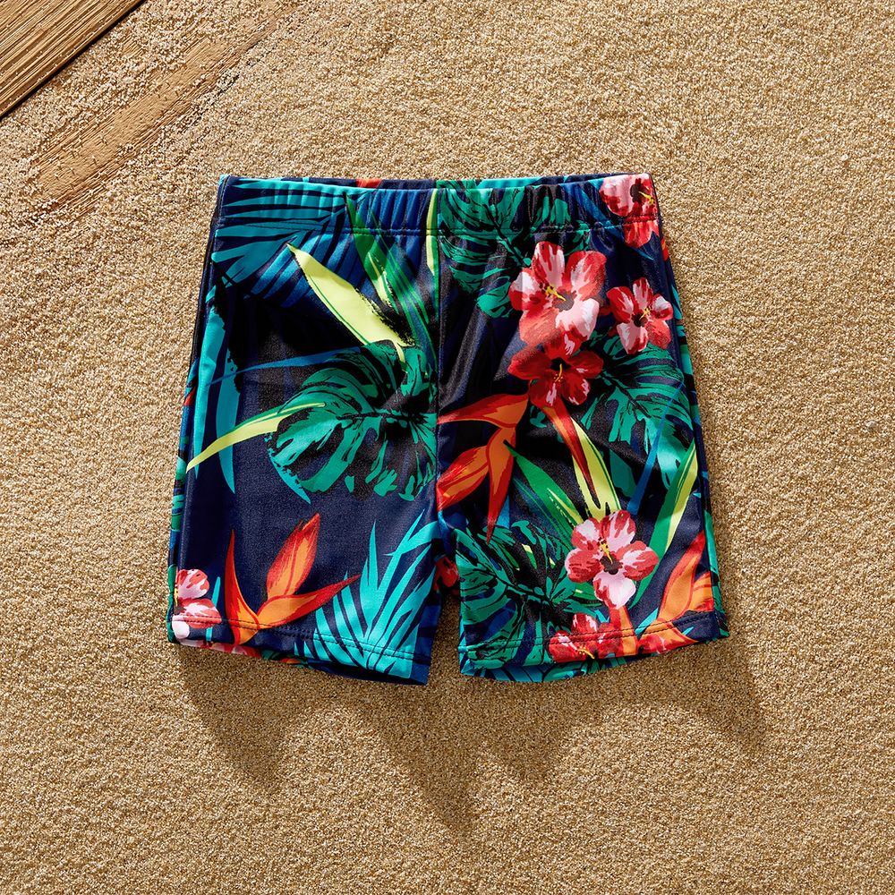 Family Matching Allover Plant Print Crisscross Webbing One-piece Swimsuit or Swim Trunks Shorts Deep Blue big image 4