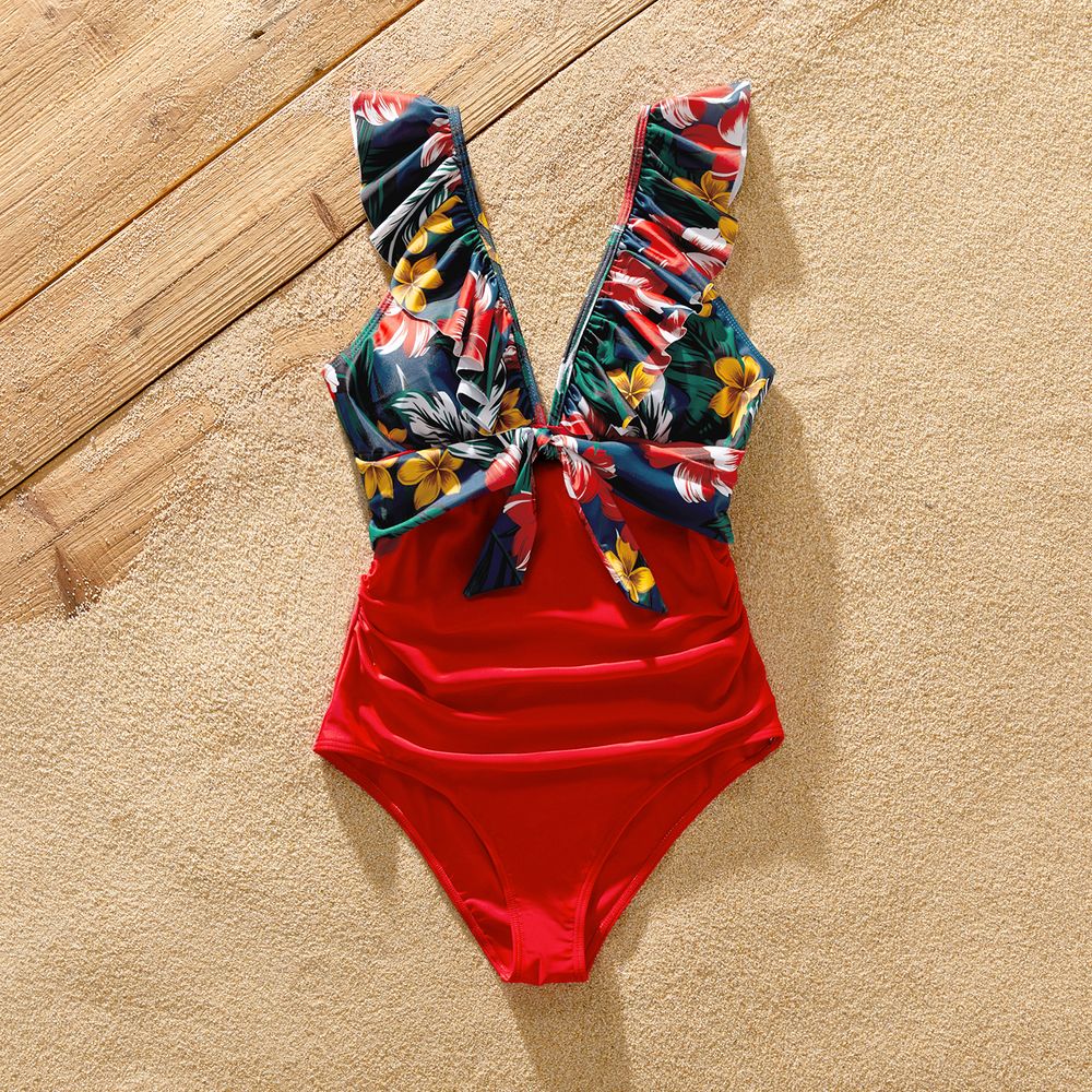Family Matching Floral Print & Solid Spliced Ruffle Trim One-piece Swimsuit and Swim Trunks Red big image 14