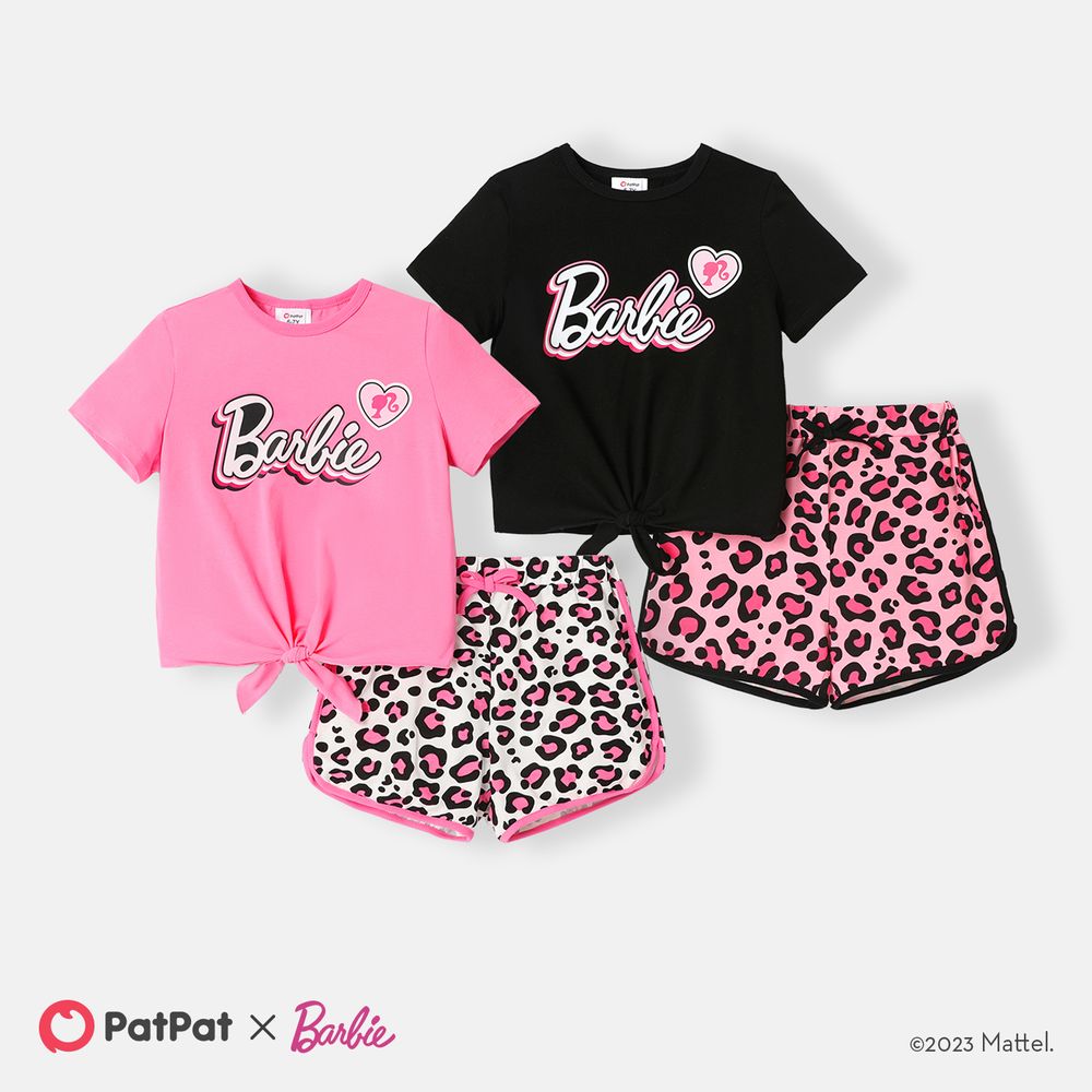 Barbie Kid Girl 2pcs Tie Knot Short-sleeve Cotton Tee and Leopard Print Shorts Set Black big image 6