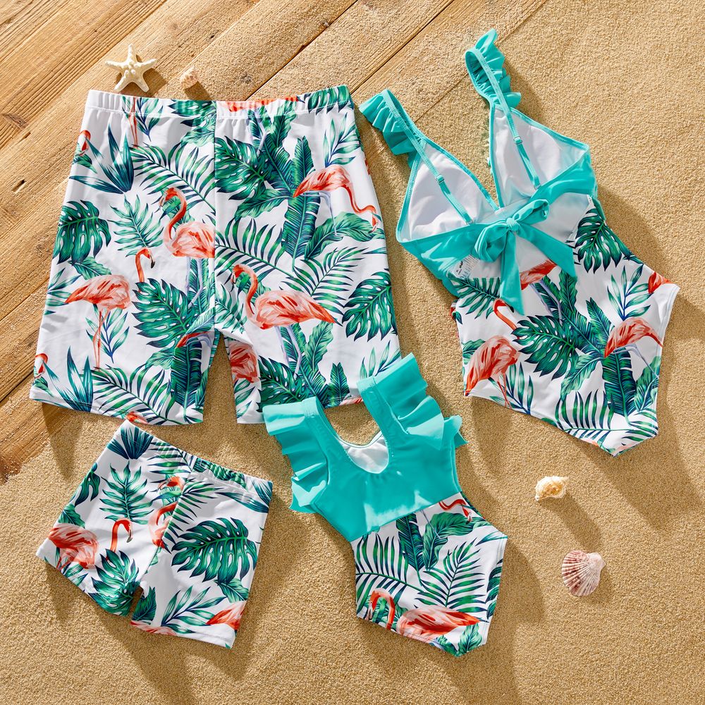 Family Matching Allover Tropical Print Spliced Solid Ruffled One-piece Swimsuit or Swim Trunks Shorts ColorBlock big image 2