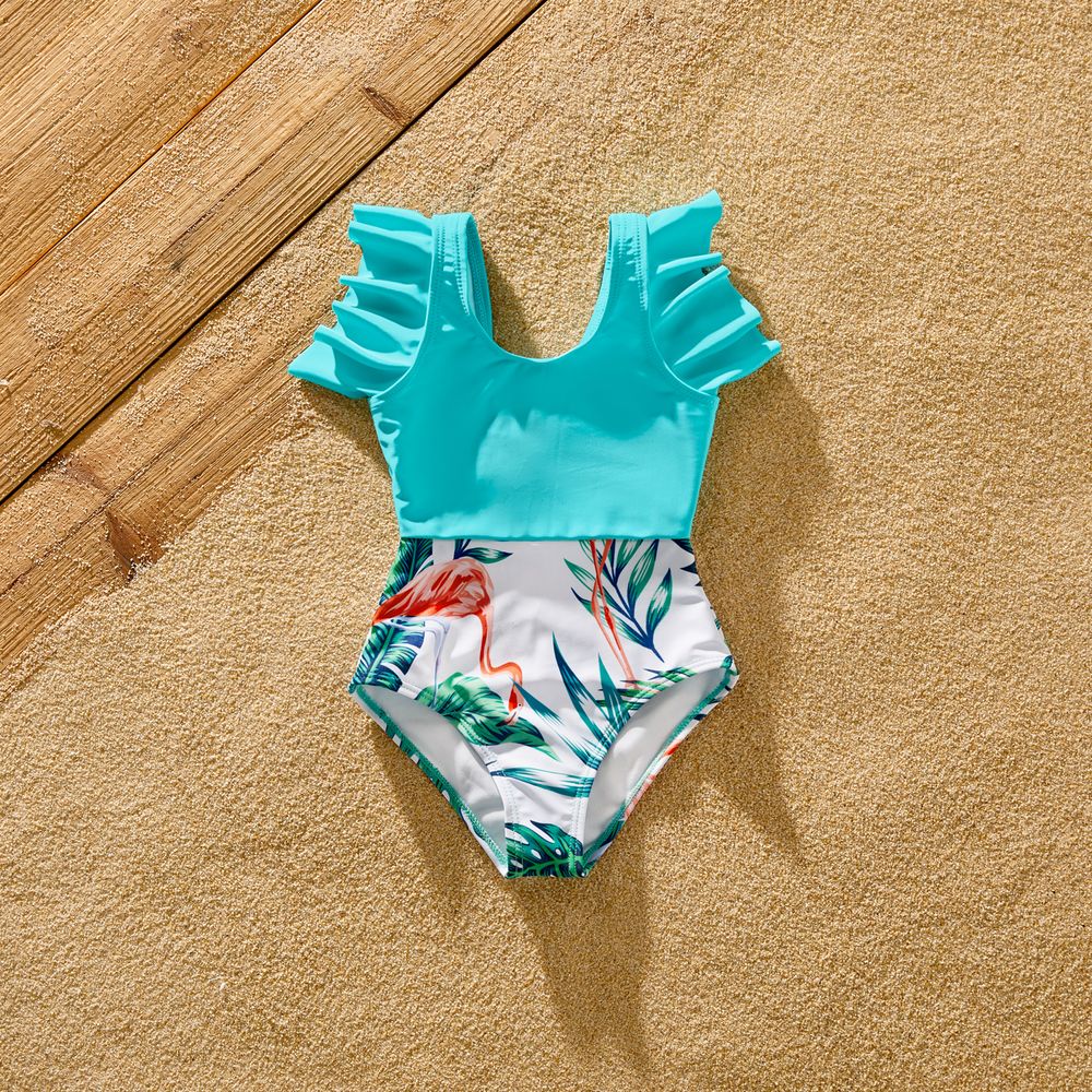 Family Matching Allover Tropical Print Spliced Solid Ruffled One-piece Swimsuit or Swim Trunks Shorts ColorBlock big image 7