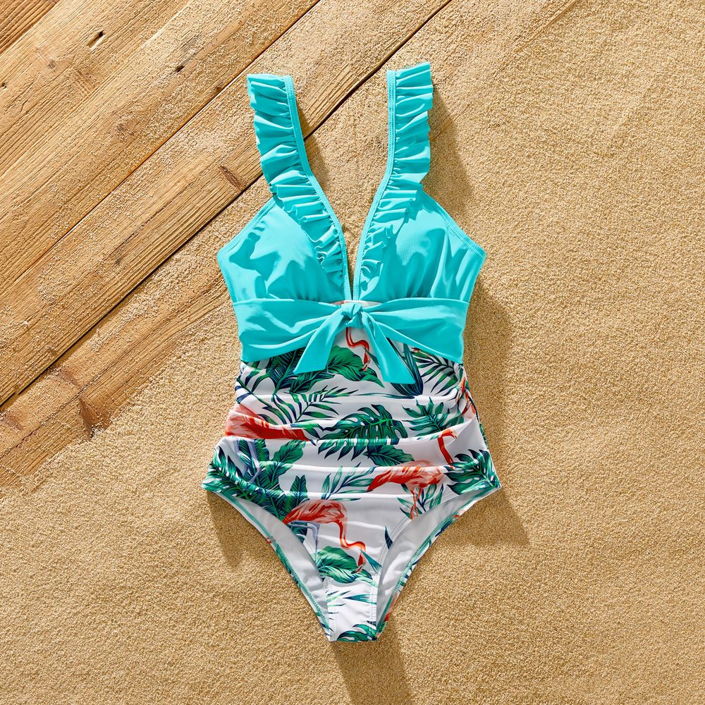Family Matching Allover Tropical Print Spliced Solid Ruffled One-piece Swimsuit or Swim Trunks Shorts ColorBlock big image 3
