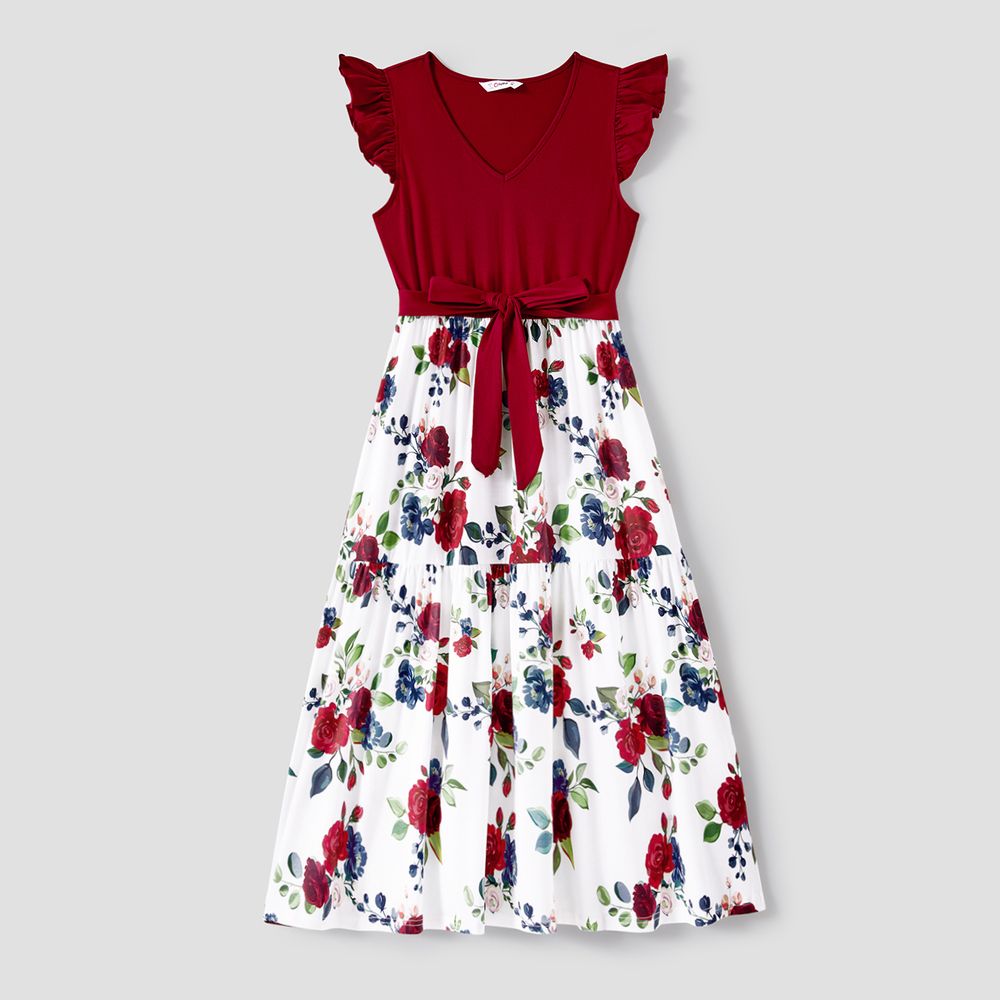 Family Matching Cotton Short-sleeve Colorblock T-shirts and Floral Print V Neck Belted Spliced Naia™ Dresses Sets WineRed big image 3