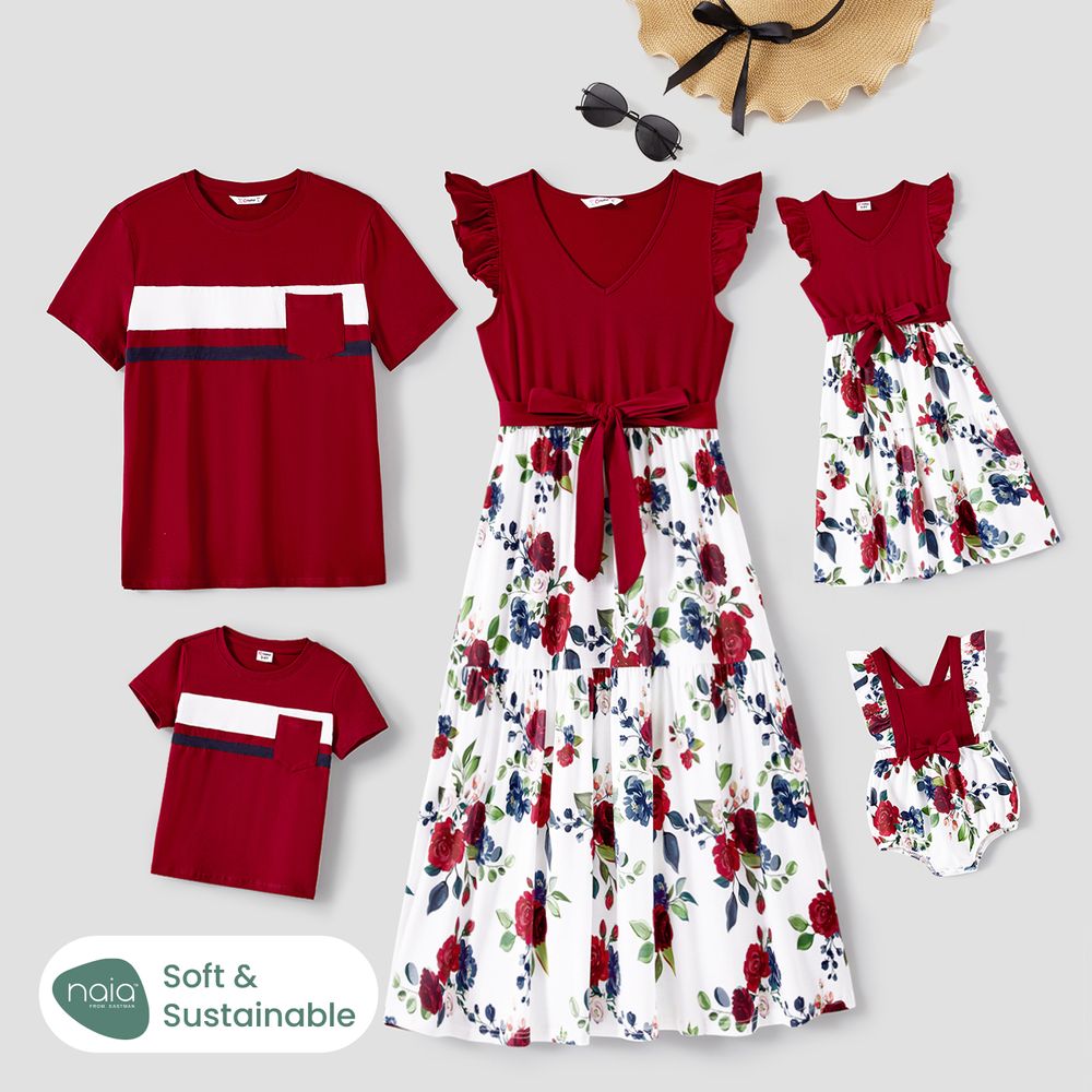 Family Matching Cotton Short-sleeve Colorblock T-shirts and Floral Print V Neck Belted Spliced Naia™ Dresses Sets WineRed big image 2