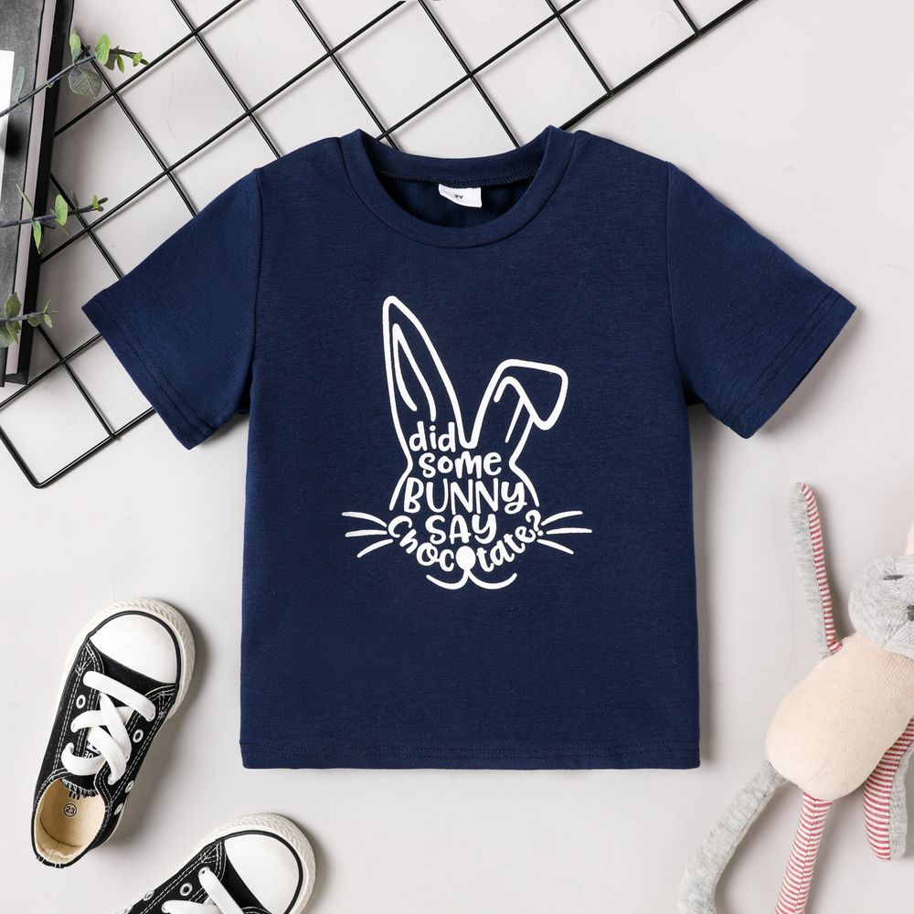 Easter Toddler Girl/Boy Playful Bunny Print Short-sleeve Tee Dark Blue big image 1
