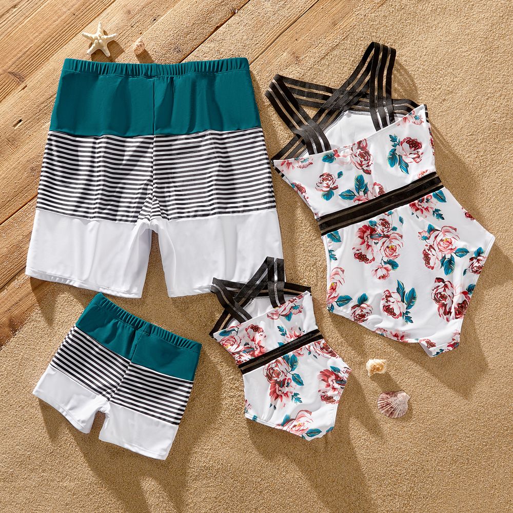 Family Matching Floral Print Crisscross One-piece Swimsuit and Striped Colorblock Swim Trunks Colorful big image 2