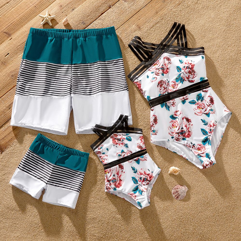Family Matching Floral Print Crisscross One-piece Swimsuit and Striped Colorblock Swim Trunks Colorful big image 1