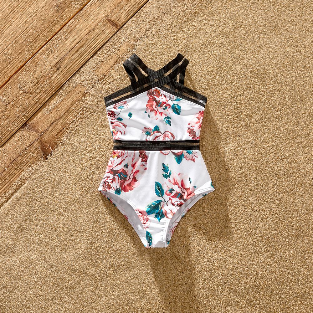 Family Matching Floral Print Crisscross One-piece Swimsuit and Striped Colorblock Swim Trunks Colorful big image 6
