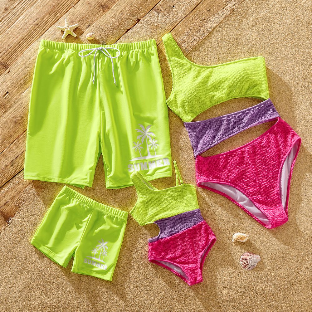 Family Matching Fluorescent Colorblock One Shoulder Cut Out One-piece Swimsuit or Graphic Swim Trunks Shorts ColorBlock big image 1