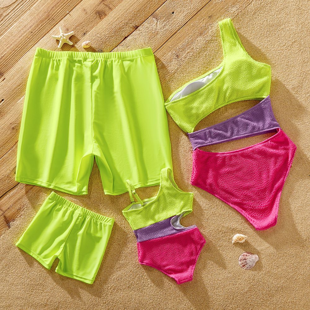 Family Matching Fluorescent Colorblock One Shoulder Cut Out One-piece Swimsuit or Graphic Swim Trunks Shorts ColorBlock big image 2