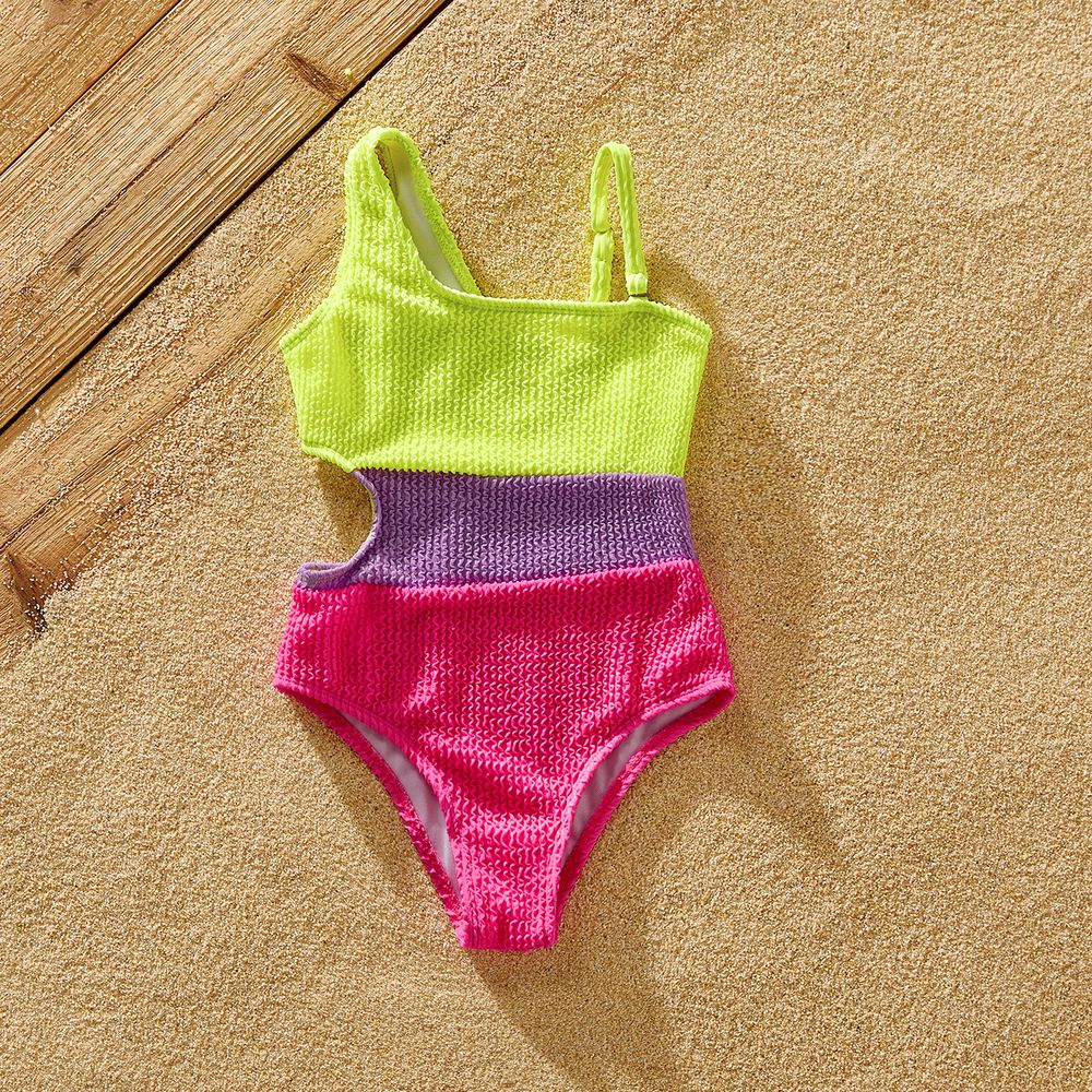 Family Matching Fluorescent Colorblock One Shoulder Cut Out One-piece Swimsuit or Graphic Swim Trunks Shorts ColorBlock big image 7