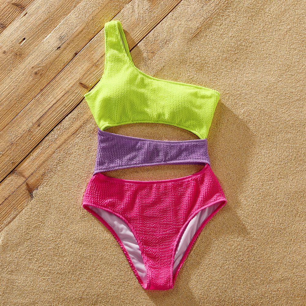 Family Matching Fluorescent Colorblock One Shoulder Cut Out One-piece Swimsuit or Graphic Swim Trunks Shorts ColorBlock big image 3