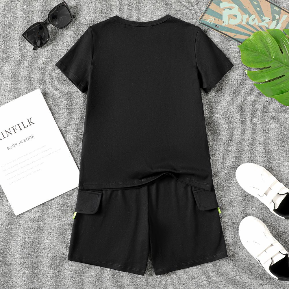 2pcs Kid Boy 100% Cotton Letter Print Black Short-sleeve Tee and Shorts Set Black big image 2