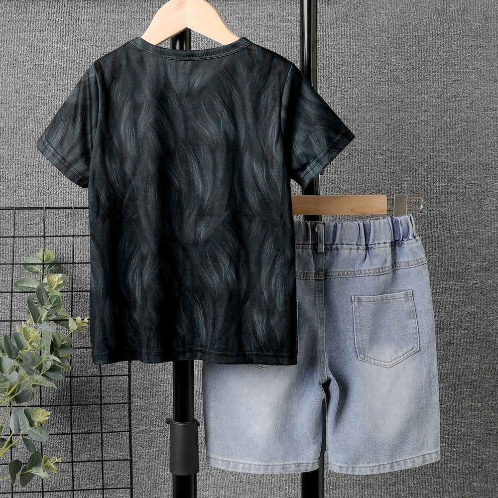 Kid Boy Animal Lion Print Short-sleeve Black Tee / Ripped Denim Shorts Black big image 3