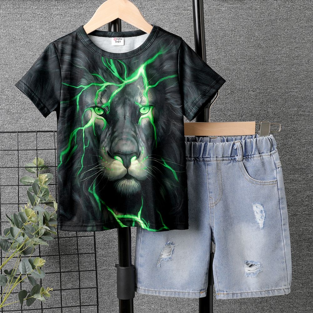 Kid Boy Animal Lion Print Short-sleeve Black Tee / Ripped Denim Shorts Black big image 2