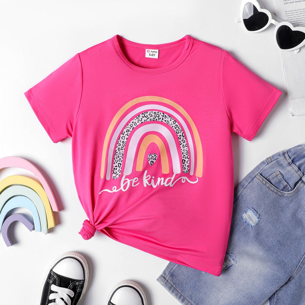 Kid Girl Rainbow & Letter Print Short-sleeve Tee Hot Pink big image 1
