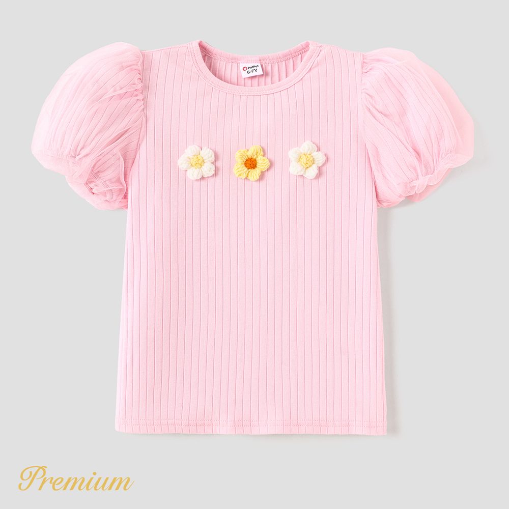 Kid Girl Cotton Ribbed Appliques Detail Mesh Puff-sleeve Tee Pink big image 1
