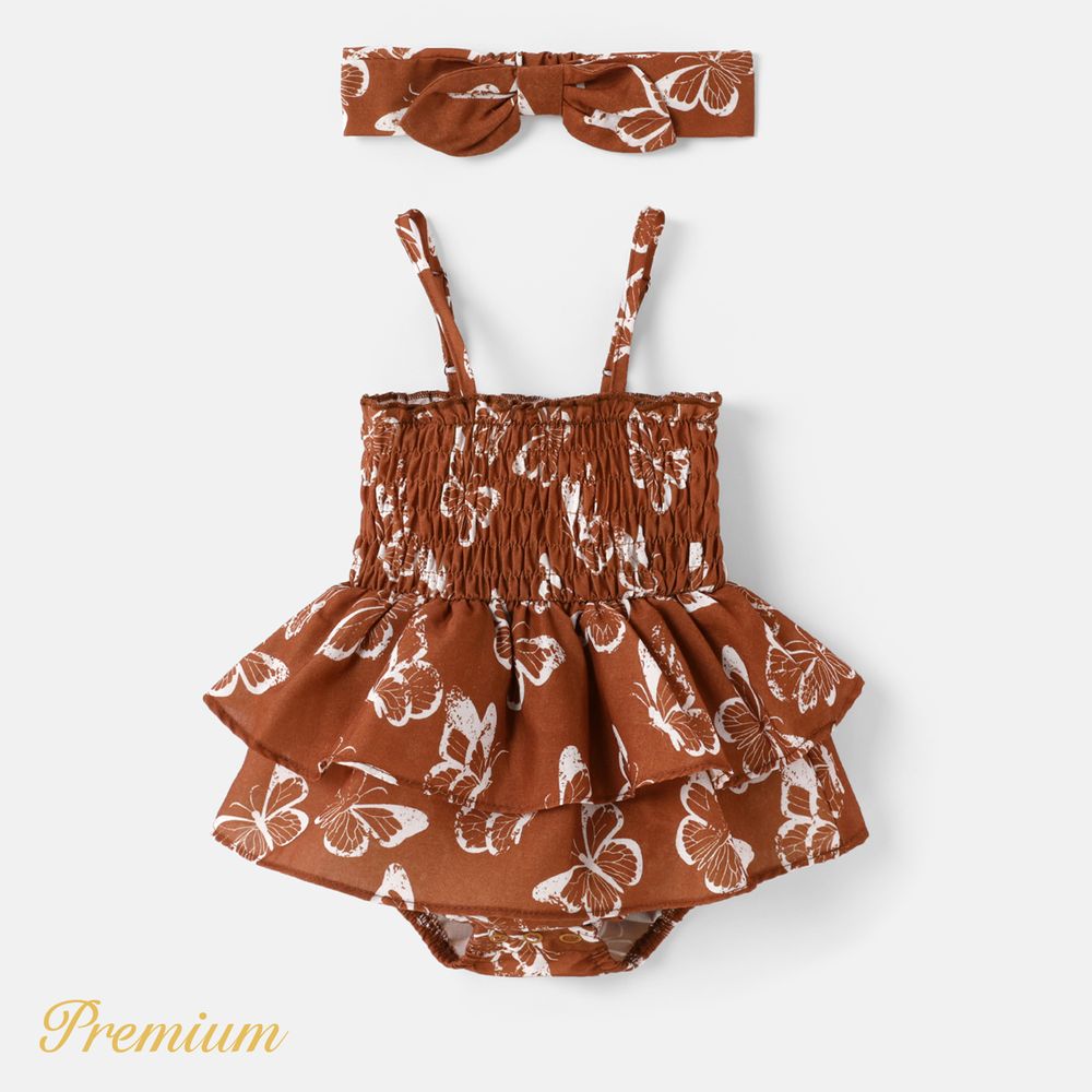 2pcs Baby Girl Allover Butterfly Print Layered Ruffle Trim Shirred Cami Romper & Headband Set Brown big image 1
