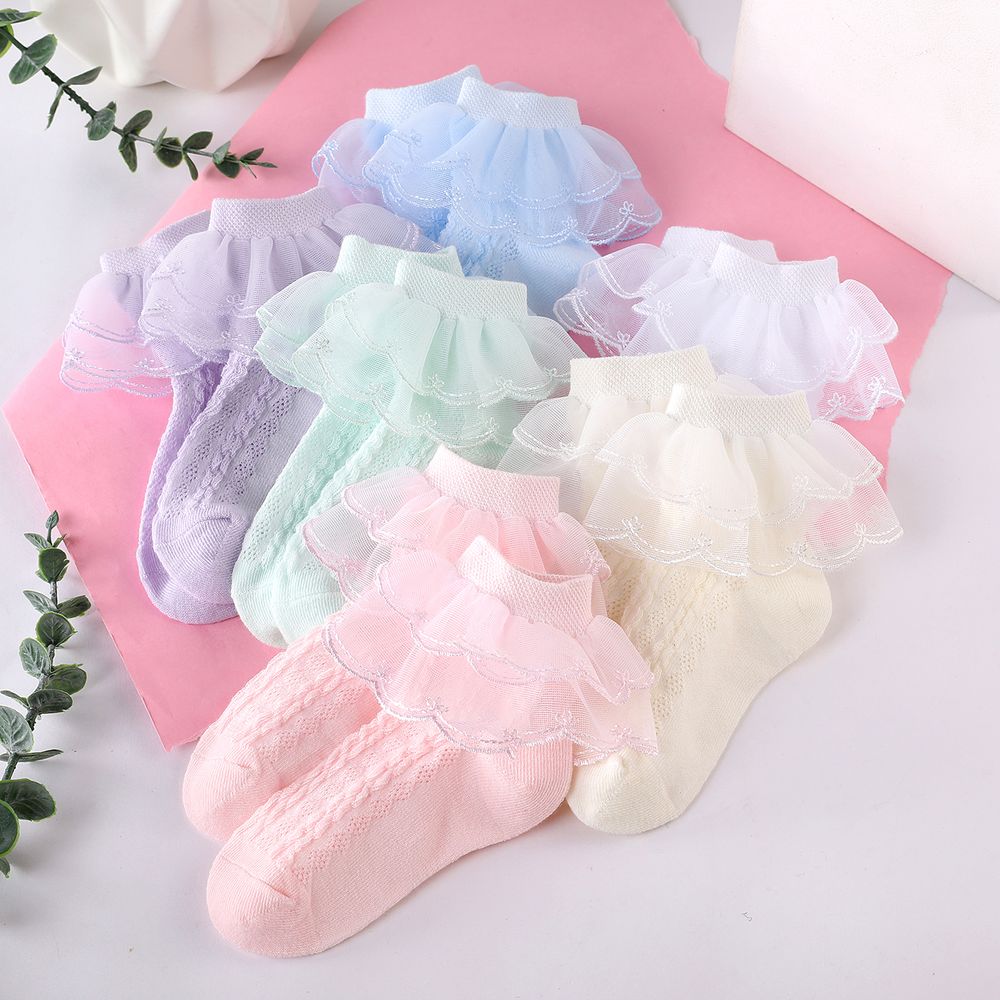 3 Pairs Baby / Toddler / Kid Solid Lace Trim Socks Pink big image 8
