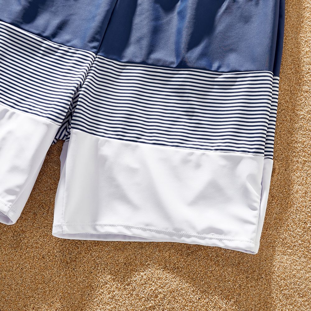 Family Matching Pinstriped One-piece Swimsuit and Colorblock Swim Trunks Shorts Blue grey big image 18
