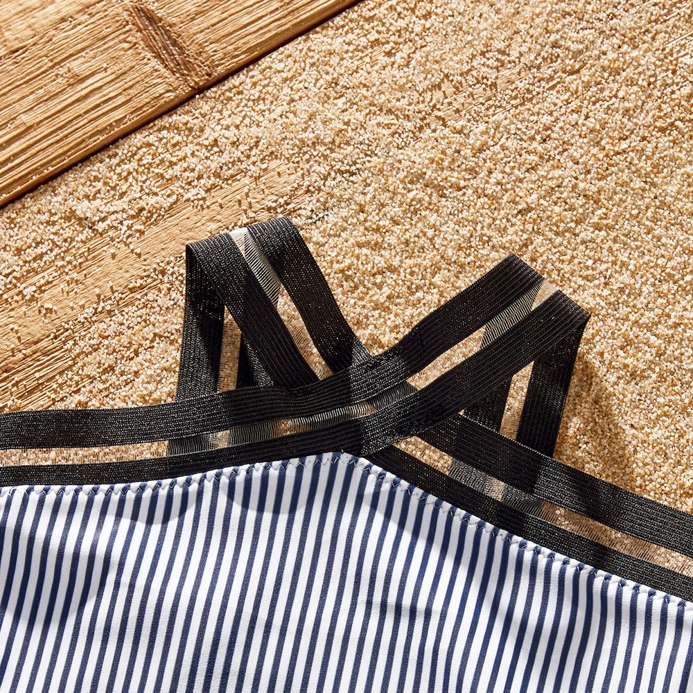 Family Matching Pinstriped One-piece Swimsuit and Colorblock Swim Trunks Shorts Blue grey big image 8