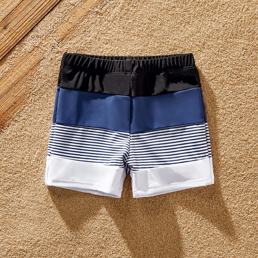 Family Matching Pinstriped One-piece Swimsuit and Colorblock Swim Trunks Shorts Blue grey big image 3