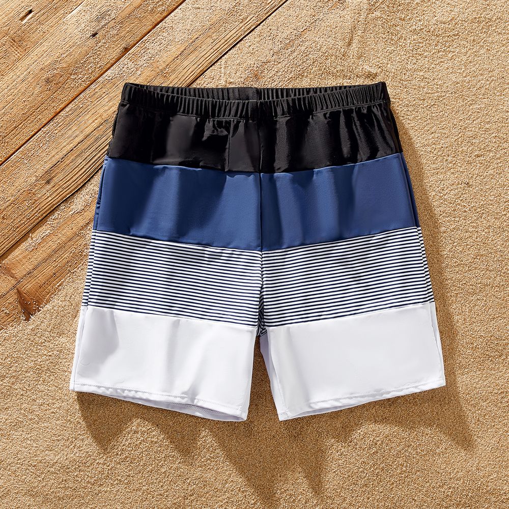 Family Matching Pinstriped One-piece Swimsuit and Colorblock Swim Trunks Shorts Blue grey big image 16