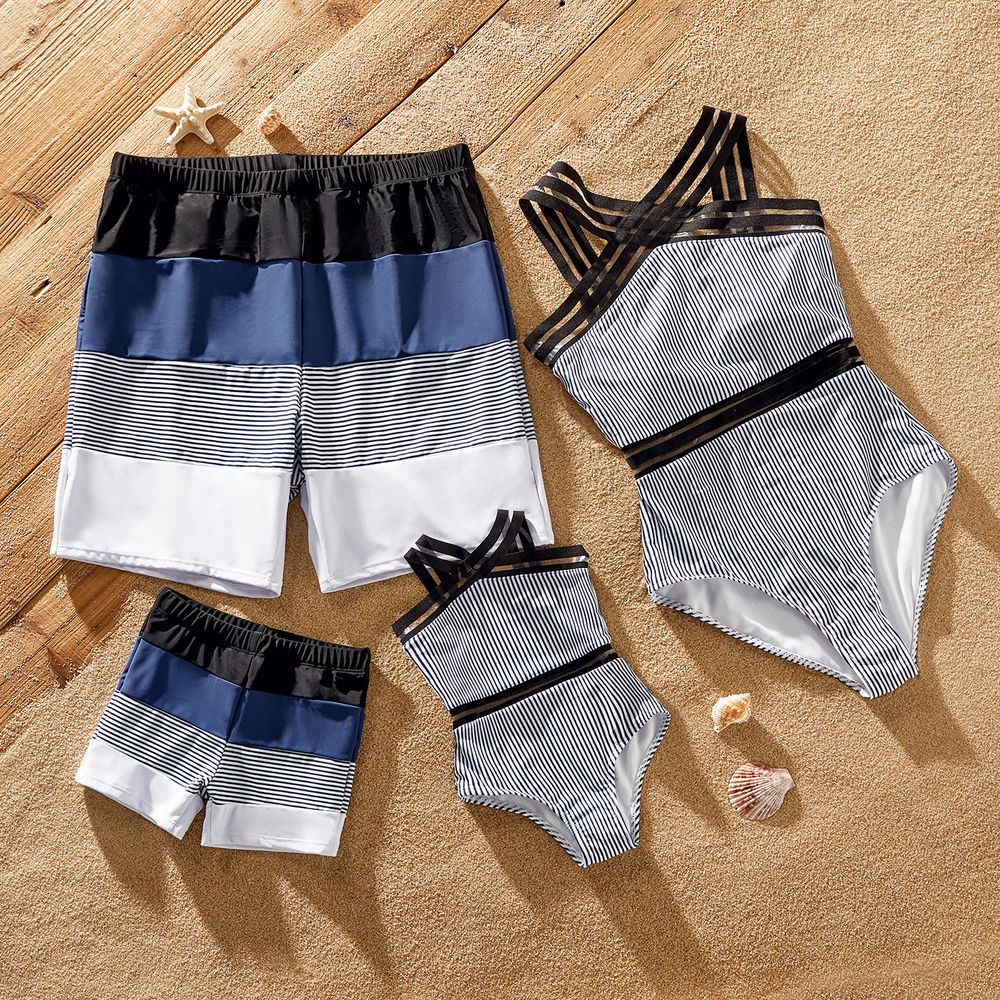 Family Matching Pinstriped One-piece Swimsuit and Colorblock Swim Trunks Shorts Blue grey big image 1