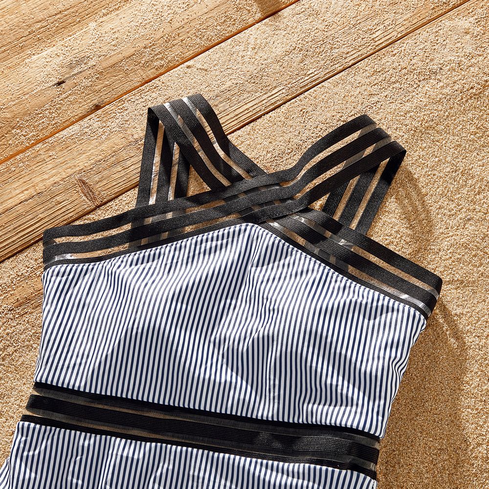 Family Matching Pinstriped One-piece Swimsuit and Colorblock Swim Trunks Shorts Blue grey big image 13