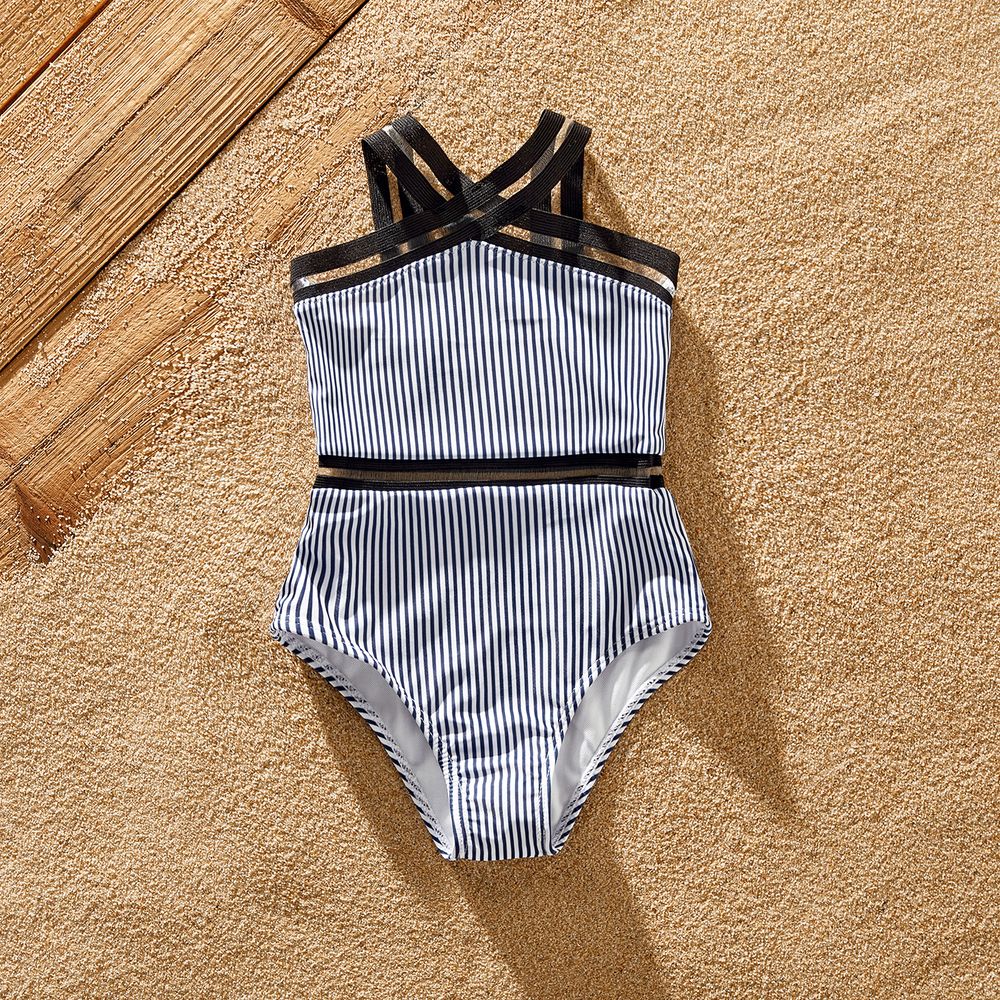 Family Matching Pinstriped One-piece Swimsuit and Colorblock Swim Trunks Shorts Blue grey big image 7